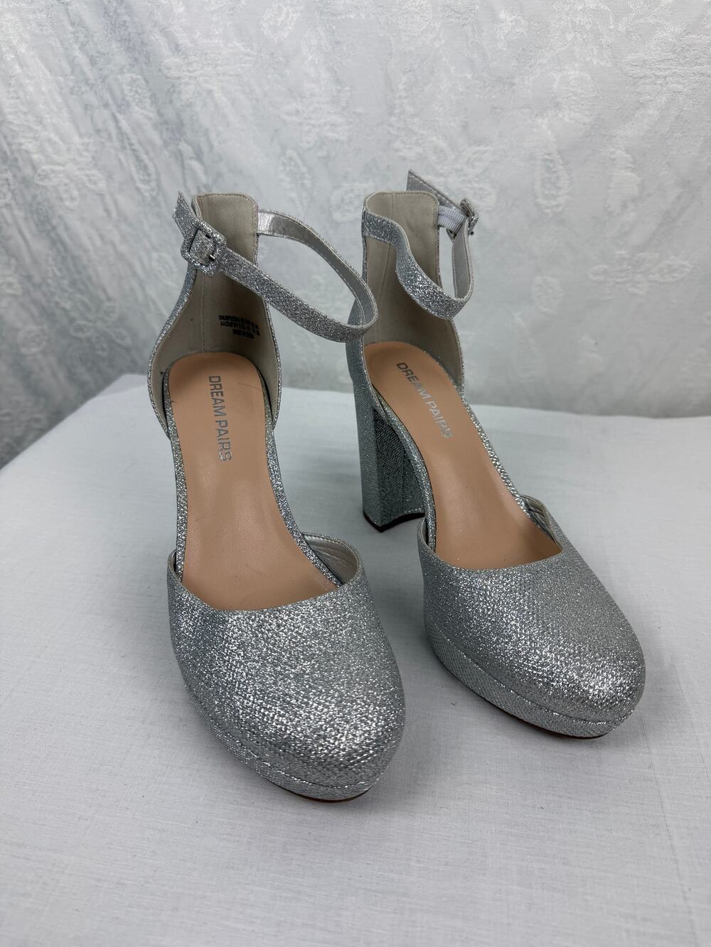 Dream Pairs Silver Glitter Ankle Strap Platform Pumps Size 9.5
